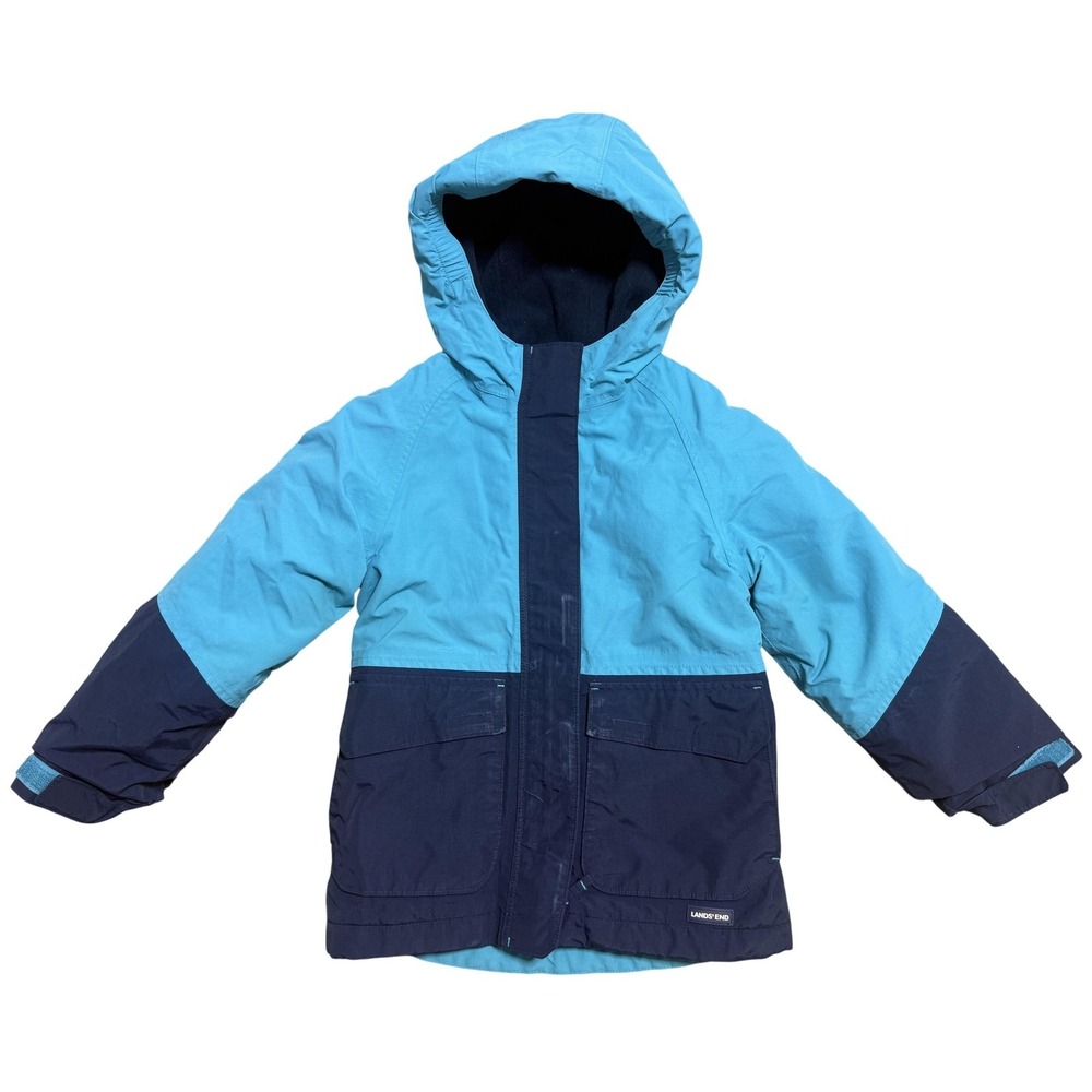 Lands' End Ski Jacket Youth 5-6 Blue Colorblock Hooded Waterproof Insulated
